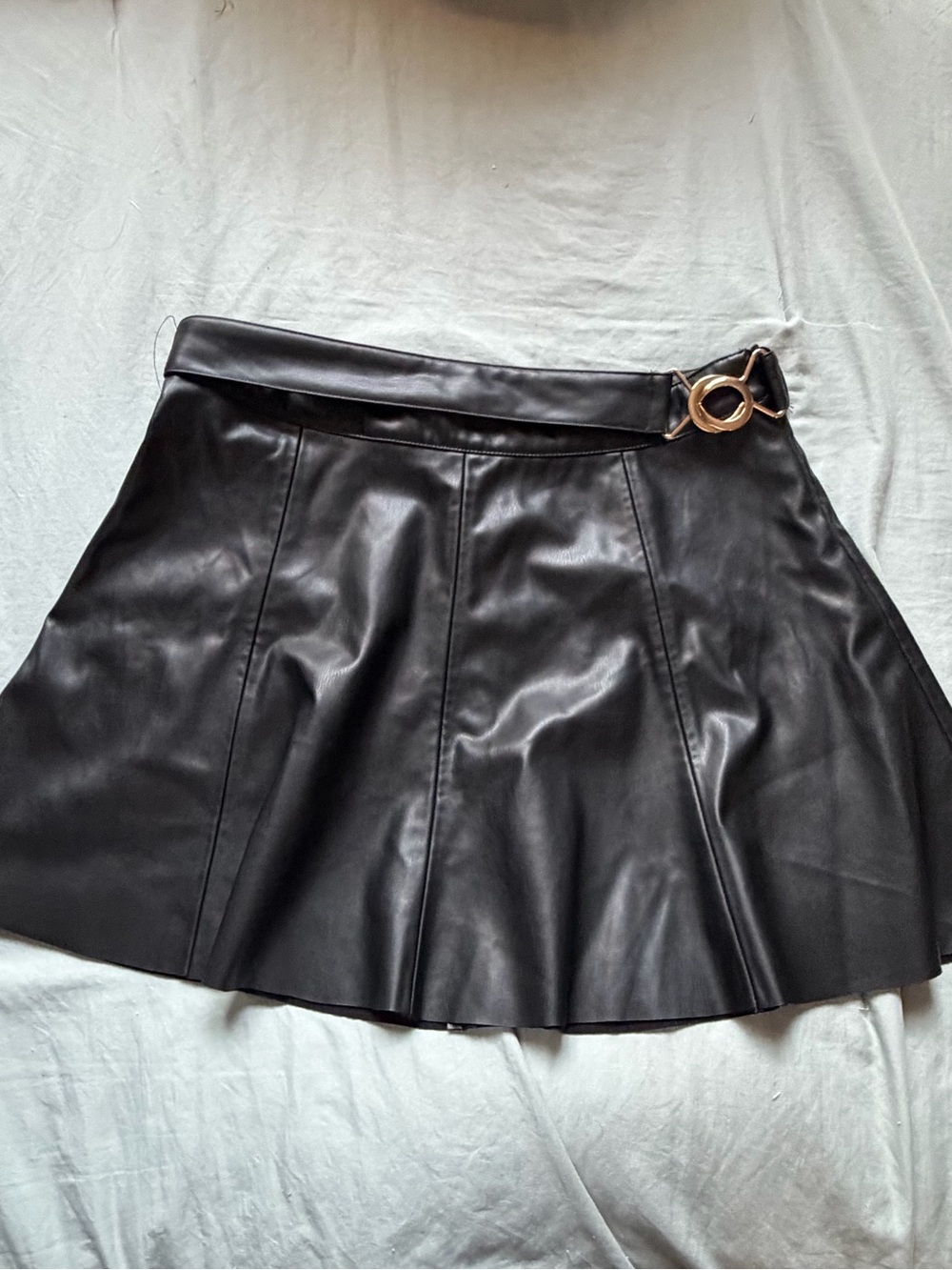 Zara Black Faux Leather Circle Mini Skirt with Gold Ring Detail